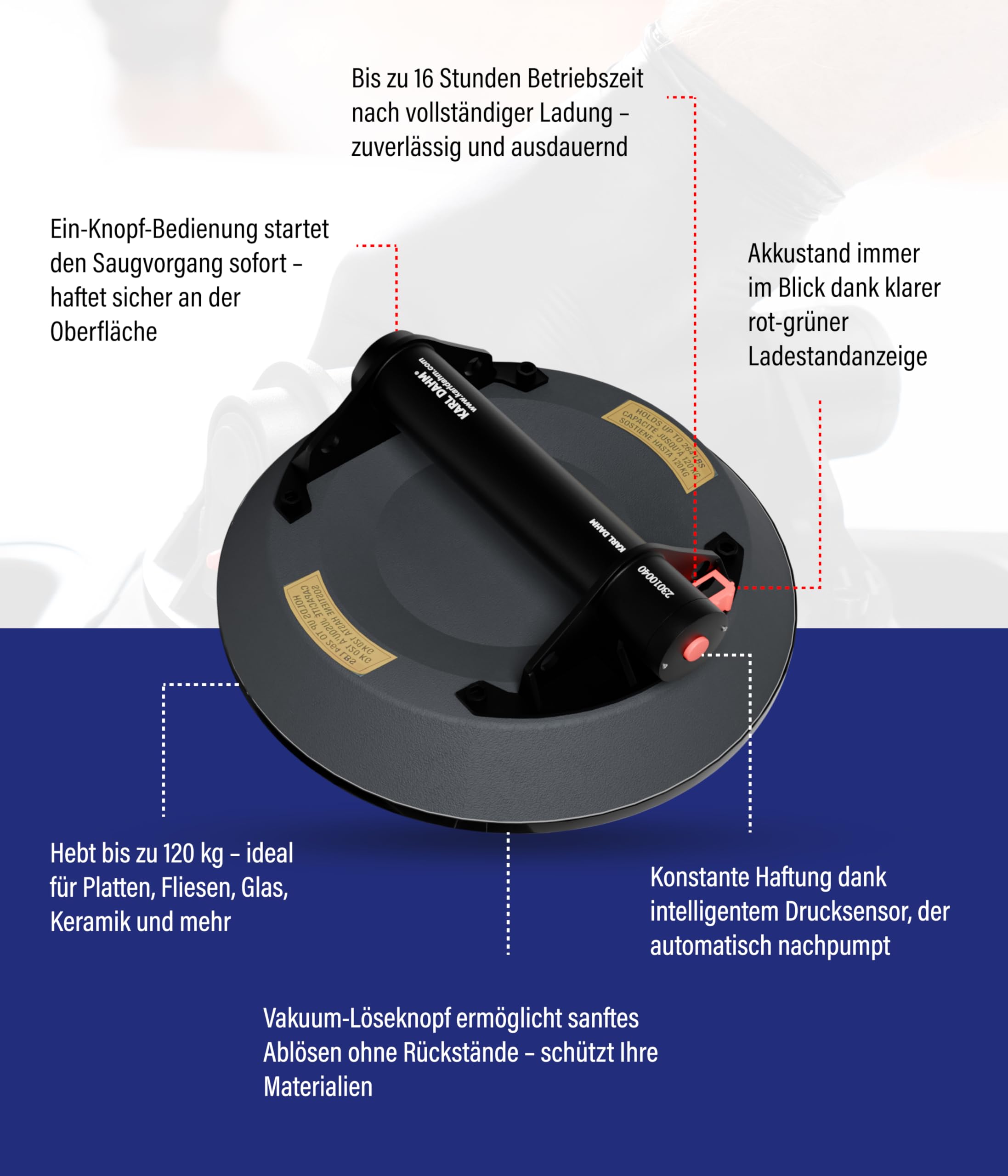 Karl Dahm® Akku-Vakuum-Saugheber E-Grip Plus - Automatische Nachsaugfunktion | Vielseitig auf Fliesen, Glas, Beton | 120 kg Tragkraft | Inkl. Koffer – 40907