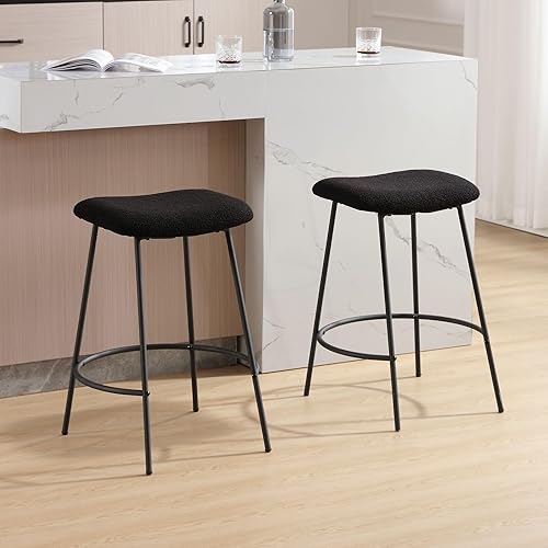 Miniatura 3 de Juego de 2 taburetes de bar negros de altura de mostrador de 25.5 pulgadas, taburetes modernos de tela de peluche, sillas de bar tapizadas sin