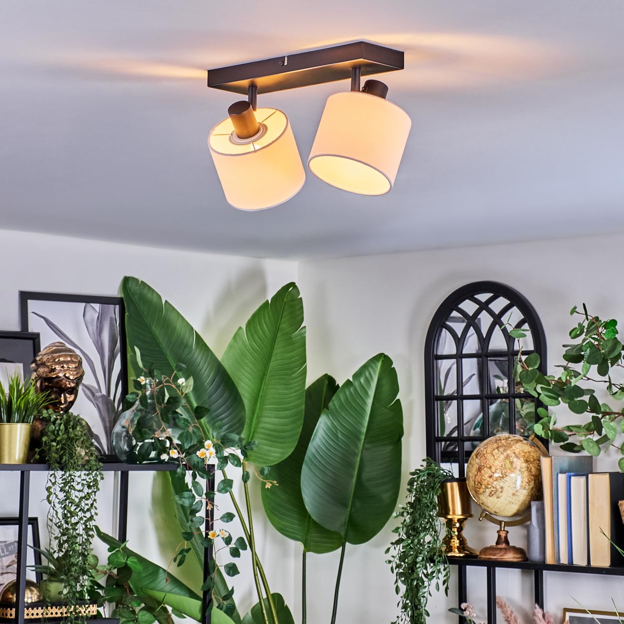 HOFSTEIN Lámpara de techo Bassagoda, lámpara de techo de metal/tela en negro/blanco, lámpara ajustable de diseño moderno (pantallas de 12 cm de diámetro), 2 x E14, comedor, salón, dormitorio, cocina