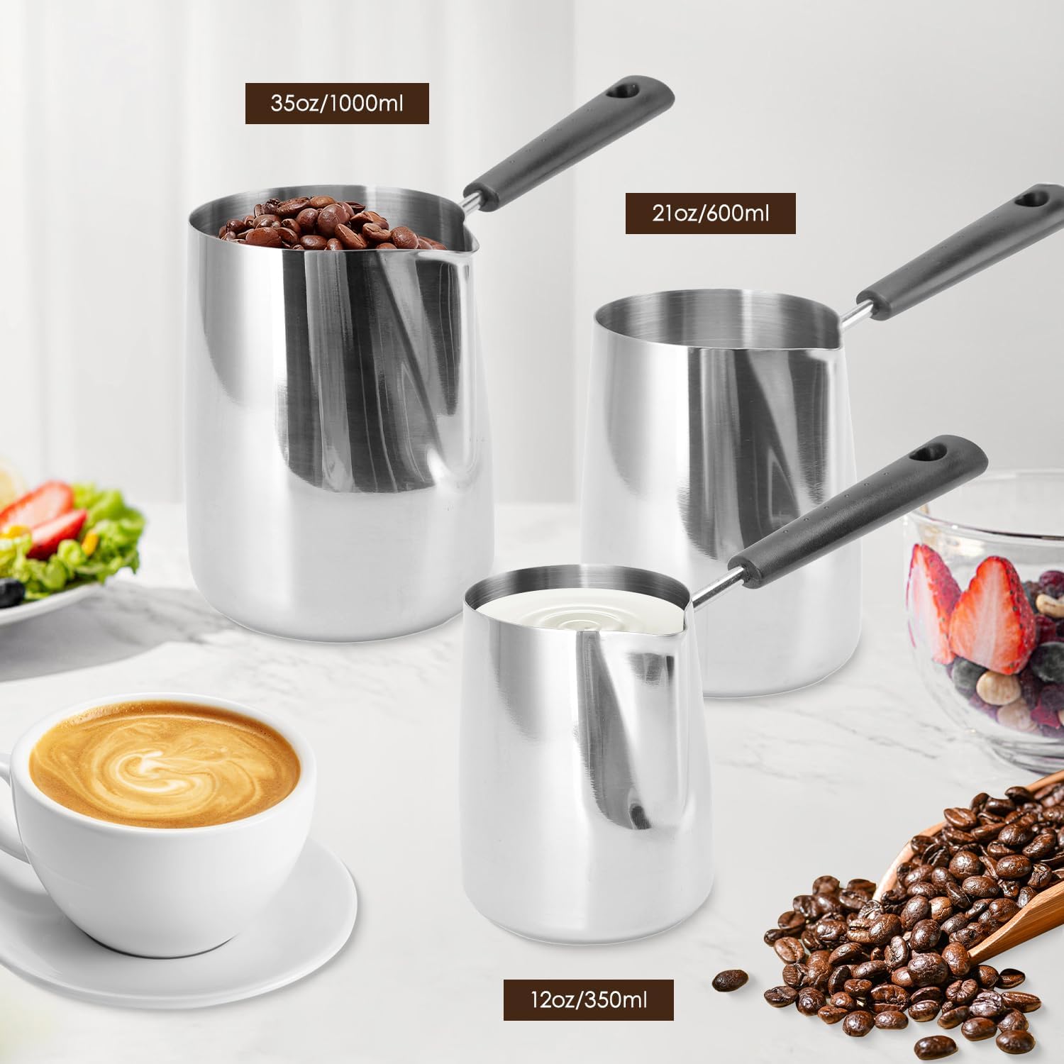Classics Turkish Coffee Pot, 35oz/1000ml Stainless Steel Milk Frothing Jug Long Handle Coffeware Pull Flower Toroid Pitcher Milk Warmer Hot Chocolate Maker