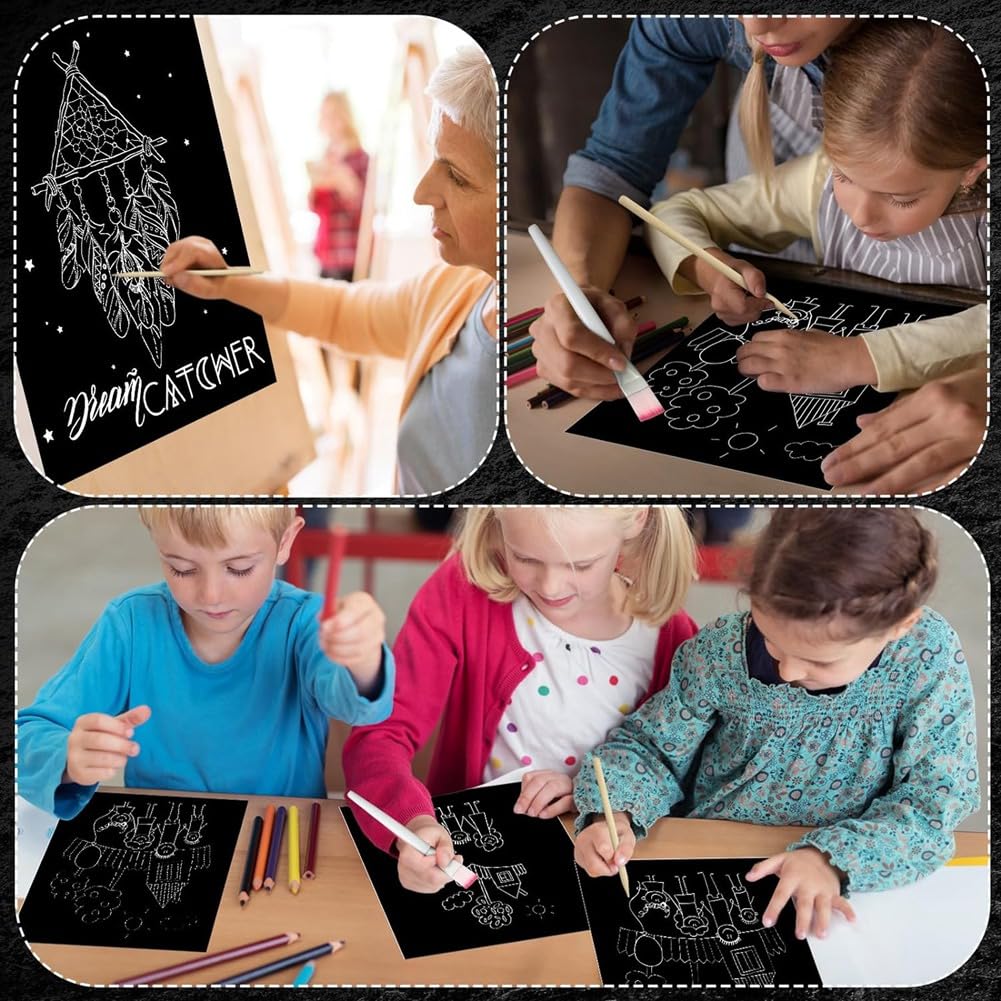 187-Teiliges Kratzpapier-Kunstset, Kratzbrett-Bastelsets, Schwarz Beschichtetes Kratzpapier, Holzkunststift und Schablonen, 8,5 X 11