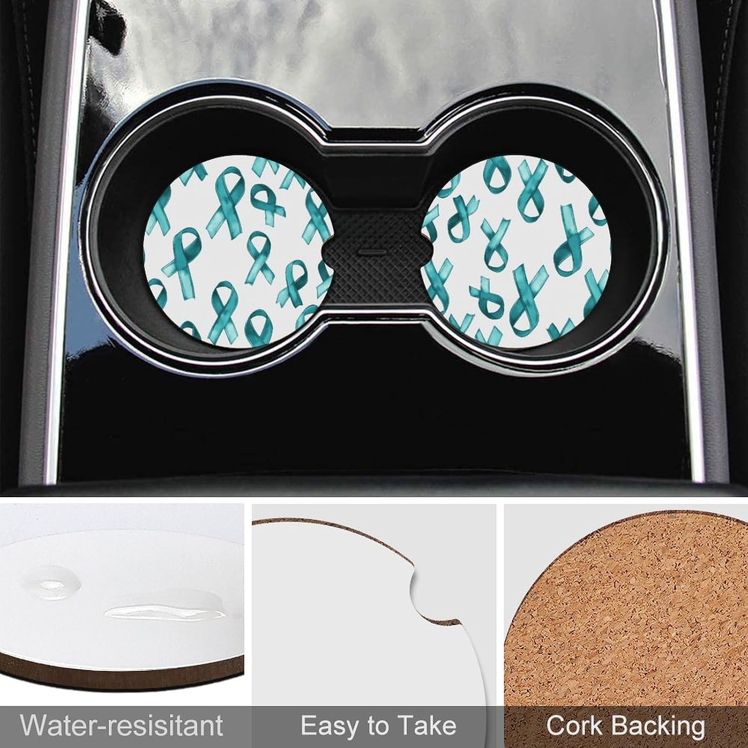 Cervical Cancer Awareness Month Car Cup Holder Coaster with Cork Base 2.6 Inches Anti Slip
