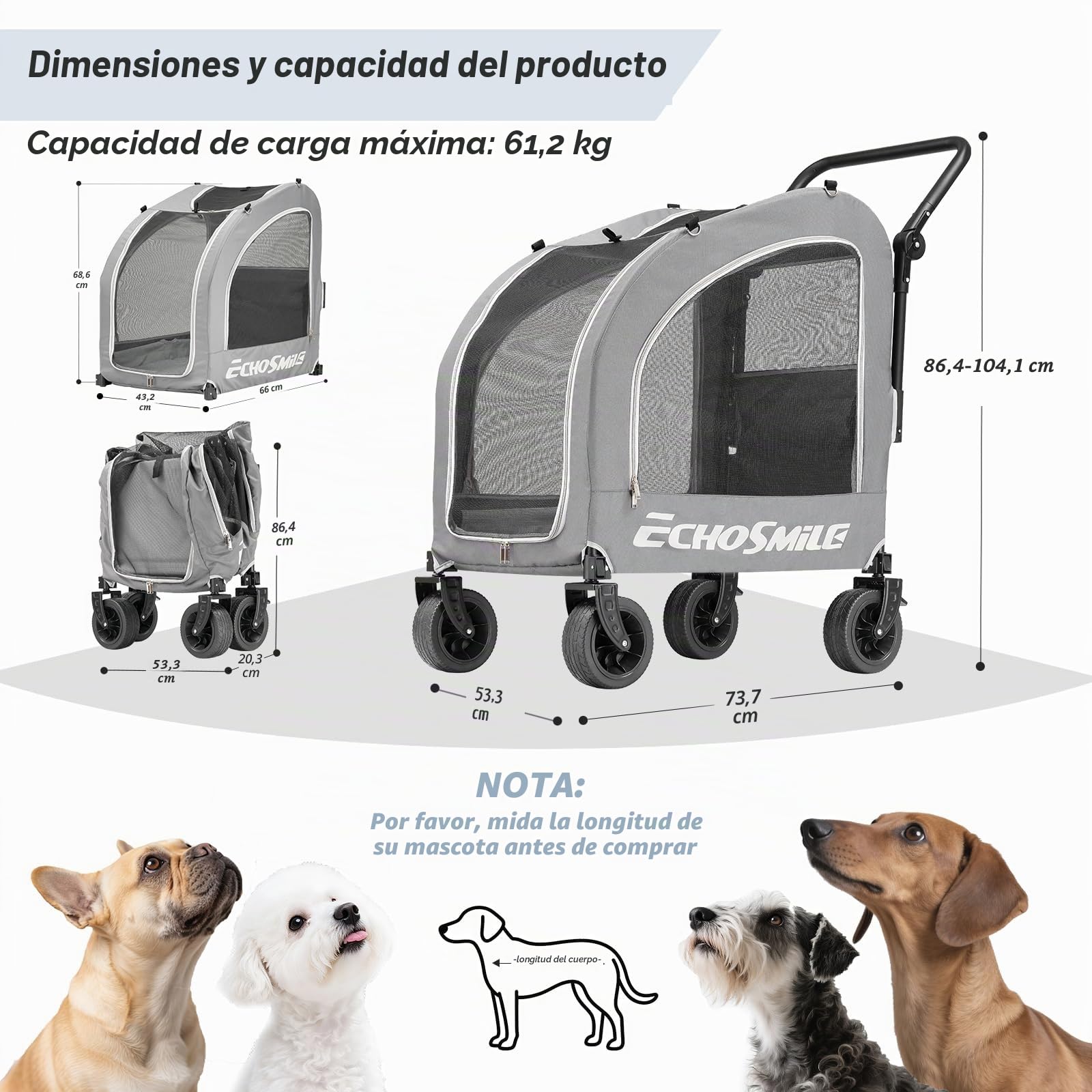 EchoSmile Carrito para Perros pequeños y medianos 20 kg, Carro Perro Plegable, Todoterreno con Doble Freno, Cinturones de Seguridad y Ventanas de Malla, Gris