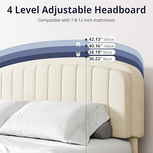 Miniatura 5 de Cozy Castle Base de cama tamaño Queen, plataforma tapizada con cabecera curvada ajustable de terciopelo, base de colchón con listones de madera