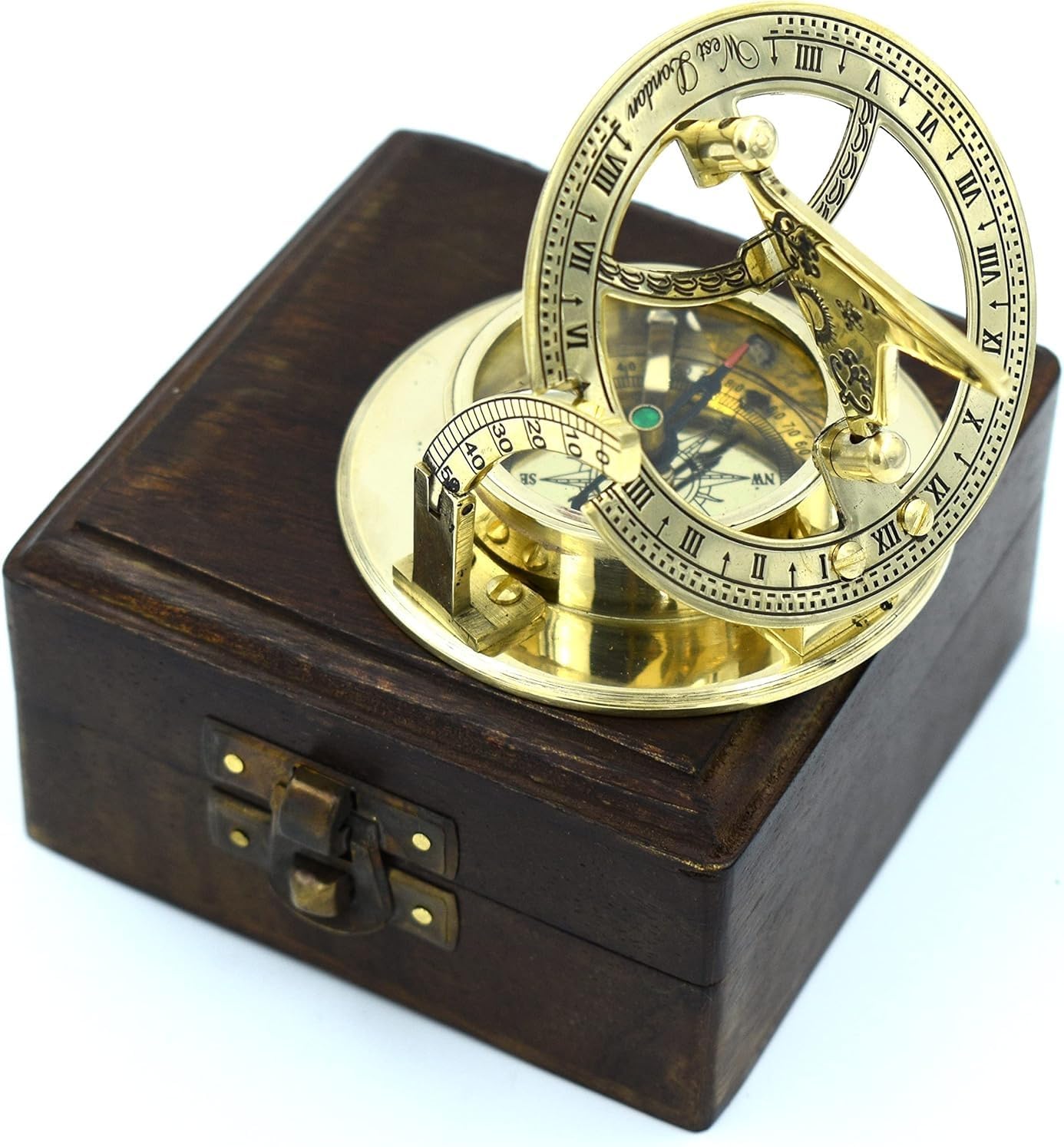 Antique Brass Sundial Compass with Box – Vintage Nautical Sun Clock | Ship Replica Decorative Gift