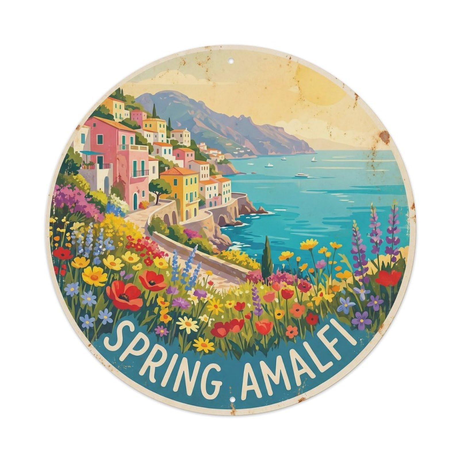 Amalfi Coastal Destination Scenery Spring Flowers Landmark Metal Tin Sign Plaque Wall Decor for Cafe, Man Cave, Club Bar, Office, Home Garden Round Metal Poster 8x8Inch