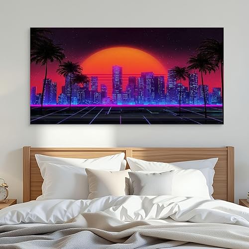 Miniatura 3 de Large Wall Art Prints 30"x60" Retro wave synthwave vaporwave skyline scenery landscape Framed Canvas Wall Art Painting Artwork Poster Picture Wall