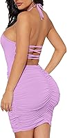 Vista 2 de Mizoci Vestido corto sexy sin espalda fruncido bodycon de doble capa para mujer