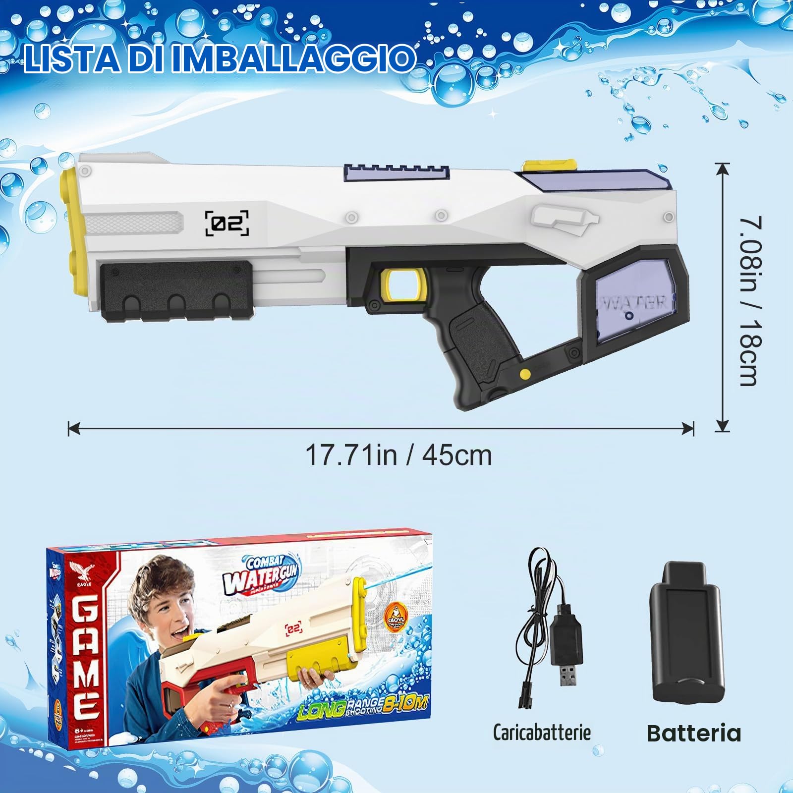 IERAKOR Pistola ad Acqua Elettrica con Aspirazione Automatica, Nero | Fucile ad Acqua Potente 450 ml, Gittata 8 m, Modalità Auto/Manuale, Bambini e Adulti, Estate, Piscina, Spiaggia e Giardino