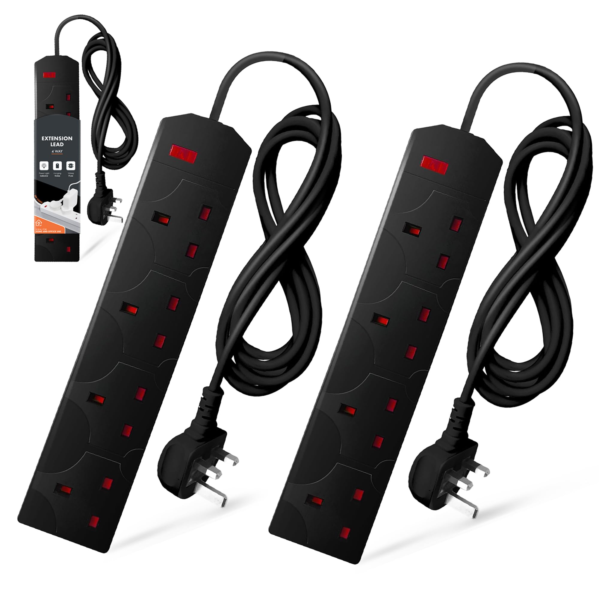 Wolf Power Extension Lead, 4 Gang, 2 Metre Extension Cable with UK 3 Pin Plug & Socket, Wall Mountable Power Strip for Home, Office & Appliances (Black, 2 Pack)