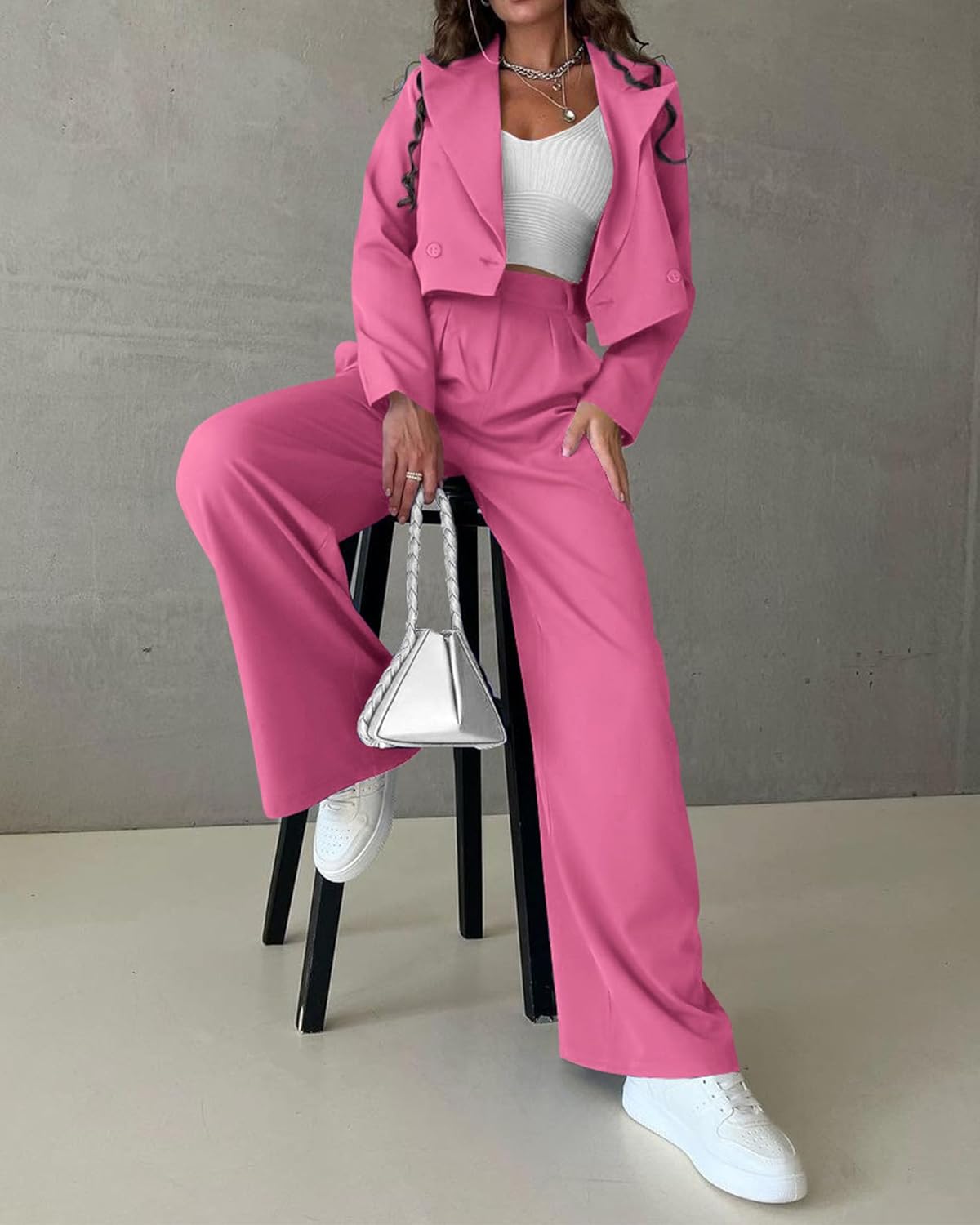 KIRUNDO Business Casual Outfits for Women 2025 Fall 2 Piece Cropped Blazer Jackets Wide Leg Pants Suit Sets Work Clothes - Image 2