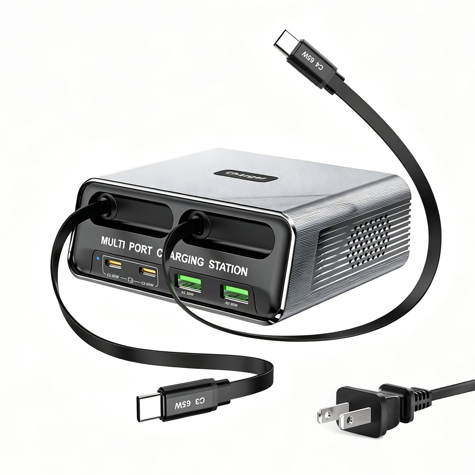 Stazione di ricarica GaN 6 in 1 per più dispositivi, caricabatterie rapido USB-C da 65 W con 2 cavi retrattili, piccola multi porta compatibile con MacBook/iPad/Phone 17/16/Samsung, design silenzioso