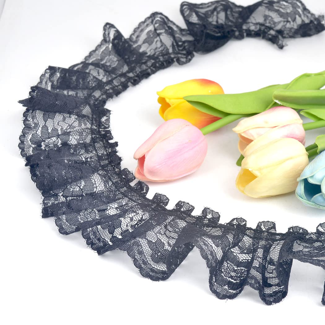 11 Yards Vintage Lace Pleated Fabric Trimming Ruffle Fabric Embroidered Sewing Craft Wedding Bridal Dress Appliques Patches & Handmade DIY Sewing (Black)