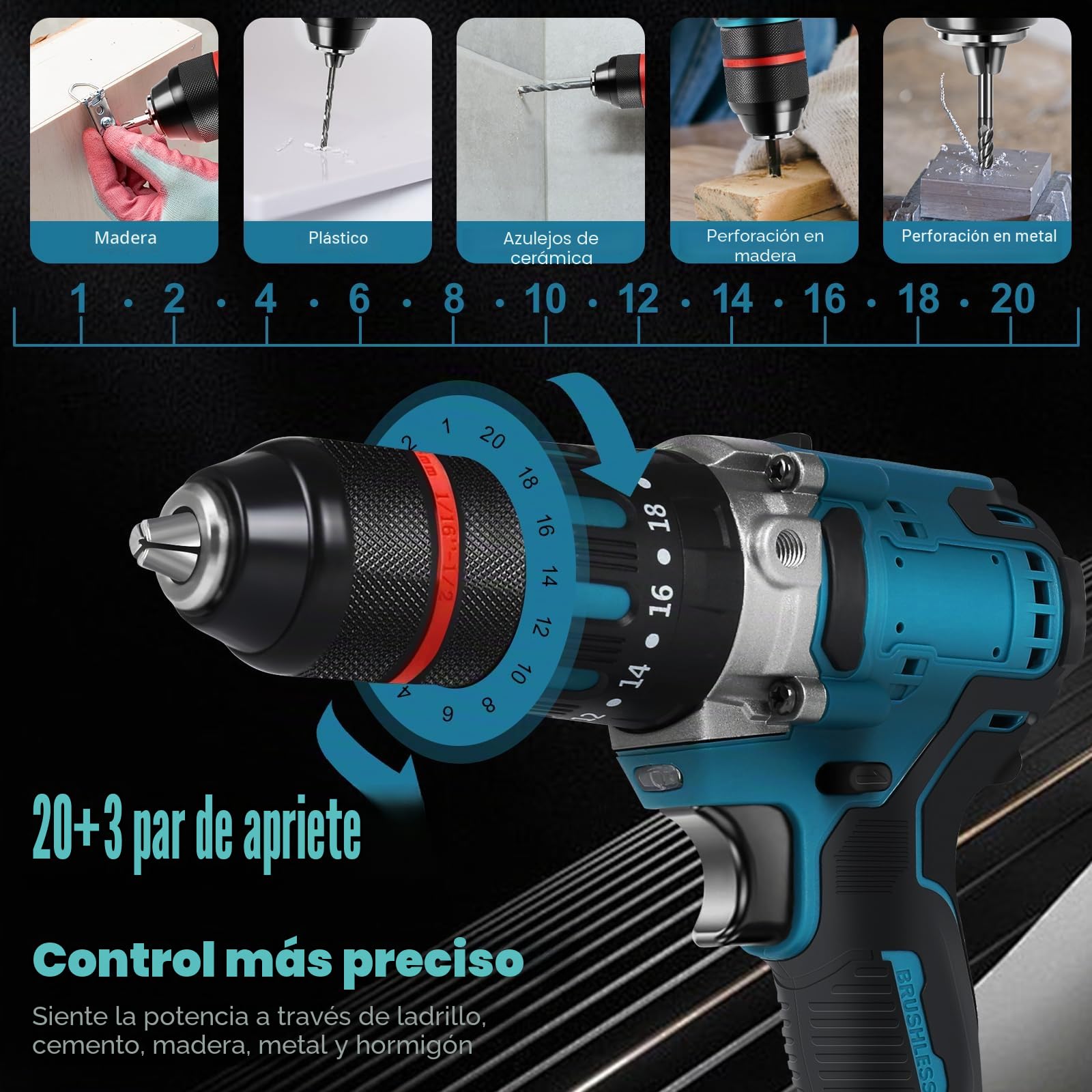 Taladro inalámbrico Compatible con Makita 18 V batería (sin batería), taladro de impacto sin escobillas 1350 RPM, 20+3, 120 N.m, 13 mm, destornillador