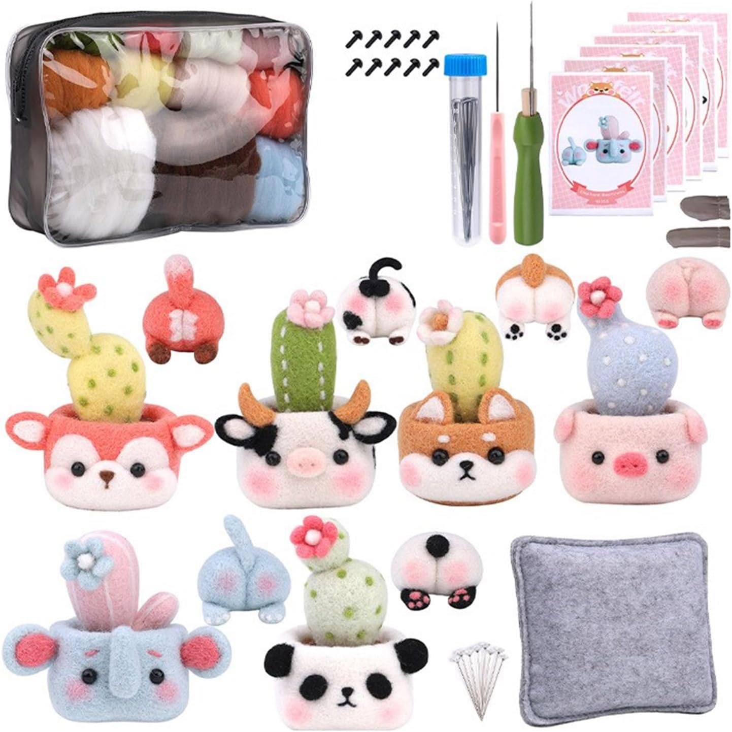 Shurhome Animal Plant Needle Wool Felting Tool with Needle, Instruction, Wool Roving, Wood Handle and Finger Cots Felting Needlework