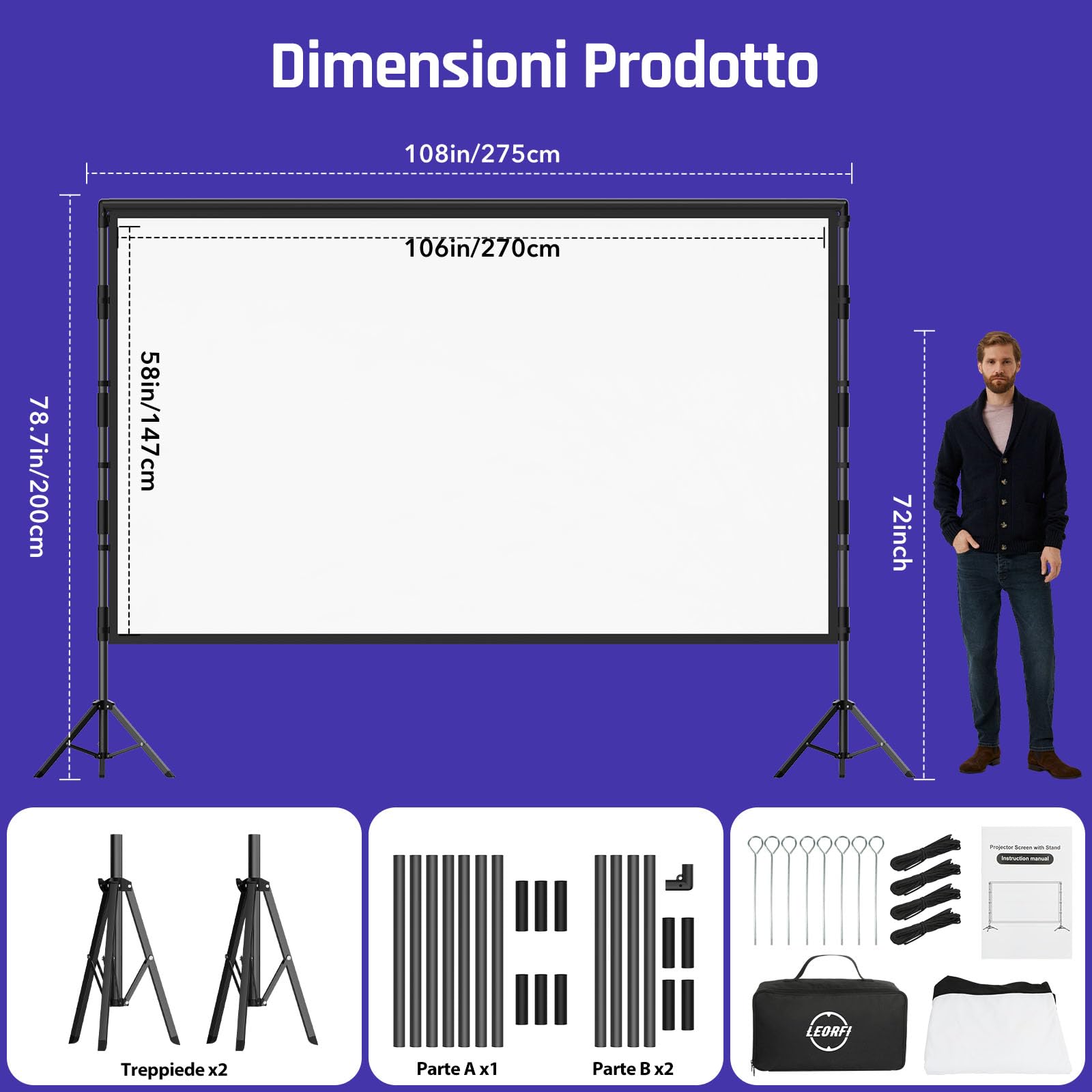 Schermo Proiezione Portatile 120 Pollici con Treppiede – LEORFI per Interno ed Esterno, Telo Proiezione 4K HD 16:9 Frontale/Retroproiezione, Leggero con Borsa Trasporto e Accessori di Fissaggio