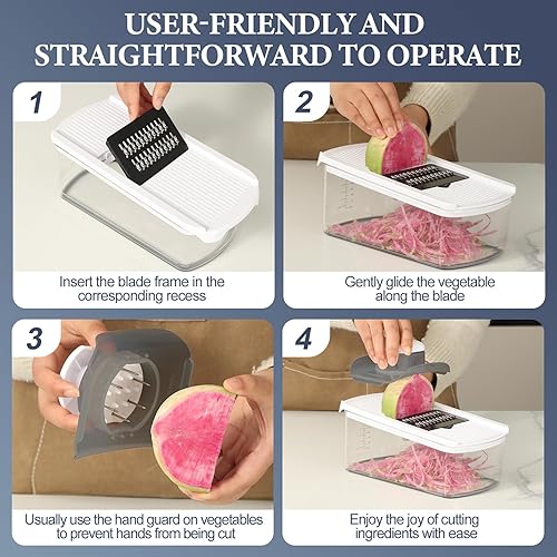 Miniatura 4 de Ourokhome Cortador de mandolina de verduras, trituradora de alimentos de cocina segura a mano con 6 cuchillas de mandolina, cortador de gofres