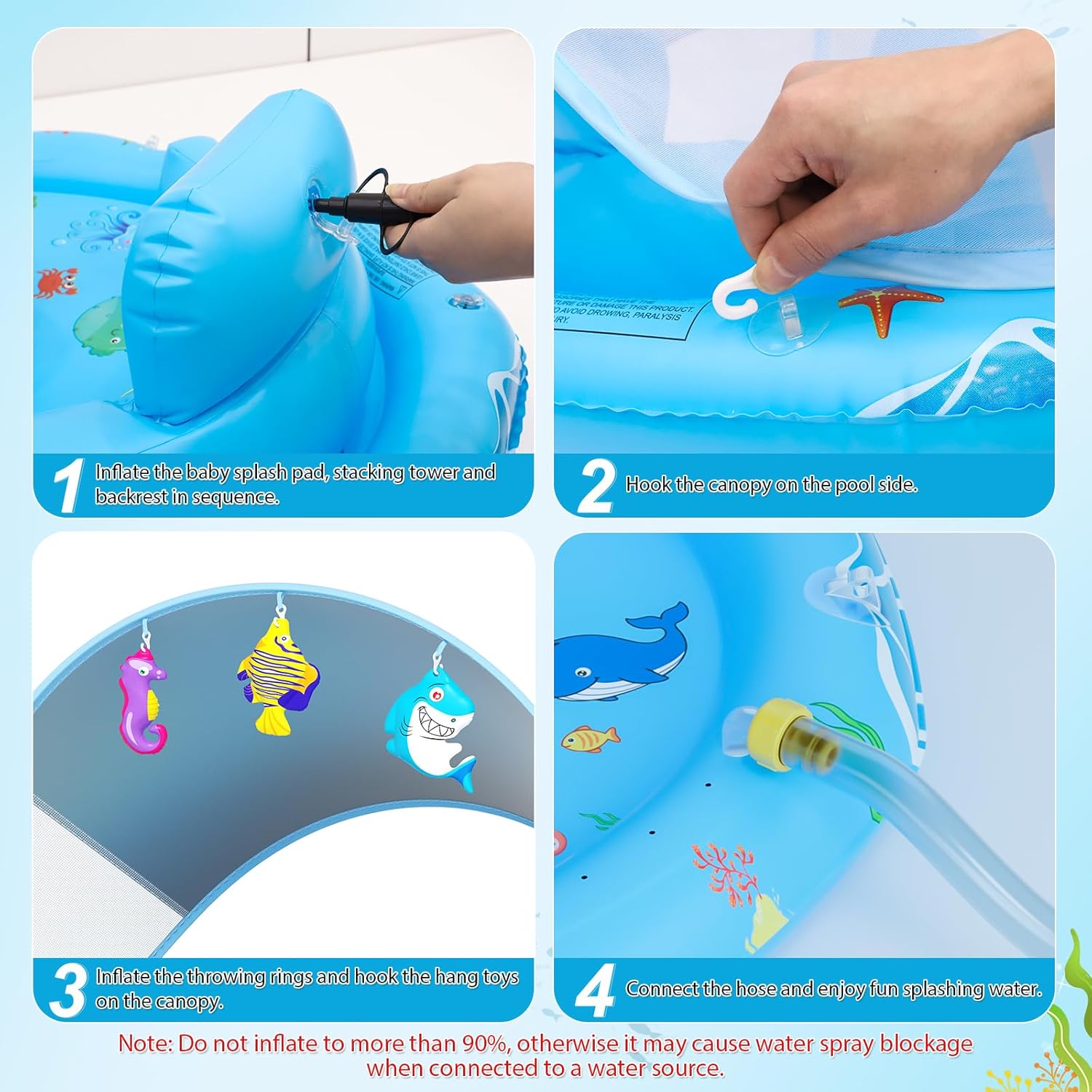 Verdenu Baby Splash Pad with Canopy, Baby Play Mat with Sprinkler, Toddler Splash Sprinkler Pad with Backrest & Stackable Rings, Summer Outdoor Water Play Toys for Boys Girls