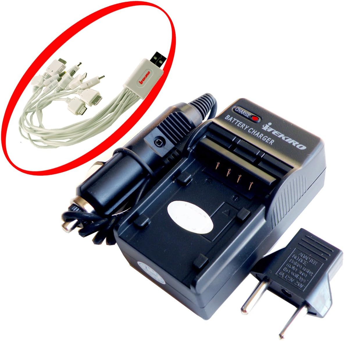 AC Wall DC Car Battery Charger Kit for Sharp BT-L226 BT-L226U VR-BL1 VR-BLZ7 VR-BLZ9 VL-Z3U VL-Z3UC VL-Z5 VL-Z500U VL-Z501D + iTEKIRO 10-in-1 USB Charging Cable