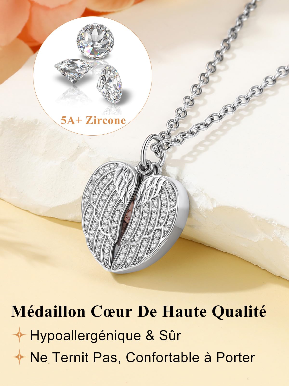 Custom4U Collier Personnalisé Photo Acier Inoxydable,Médaillon Aile d'ange Pendentif Porte Photo Gravé avec Chaîne 50+5 cm(Boîte Cadeau)