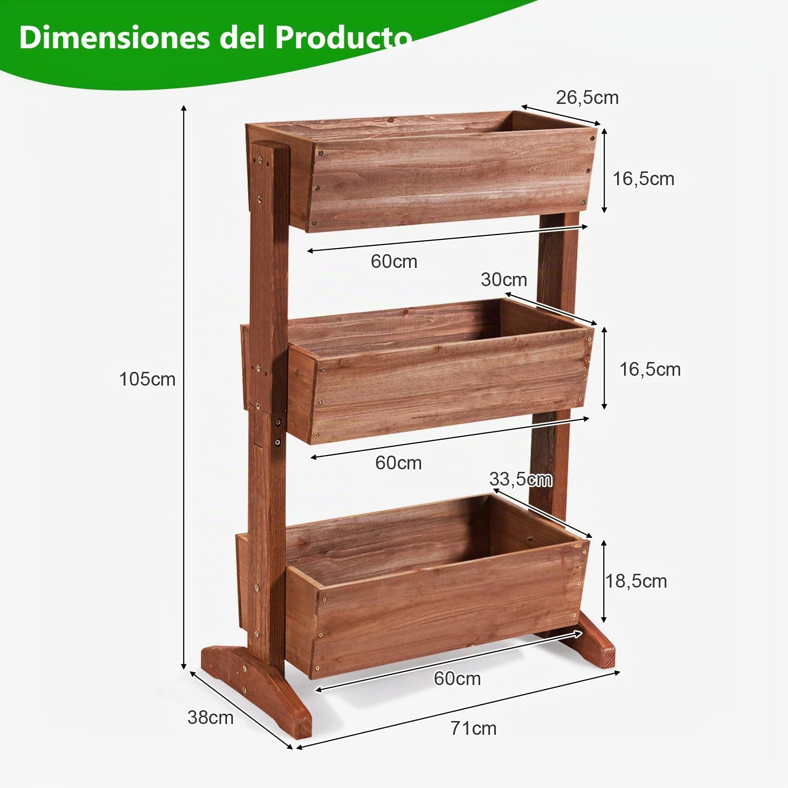 GOPLUS Jardinera Vertical de Madera de Abeto 3 Niveles, Cama Elevada de Jardín con Agujeros de Drenaje y Ángulo Ajustable, para Plantas Flores Verduras Macetas, Balcón Terraza, 71x38x105cm