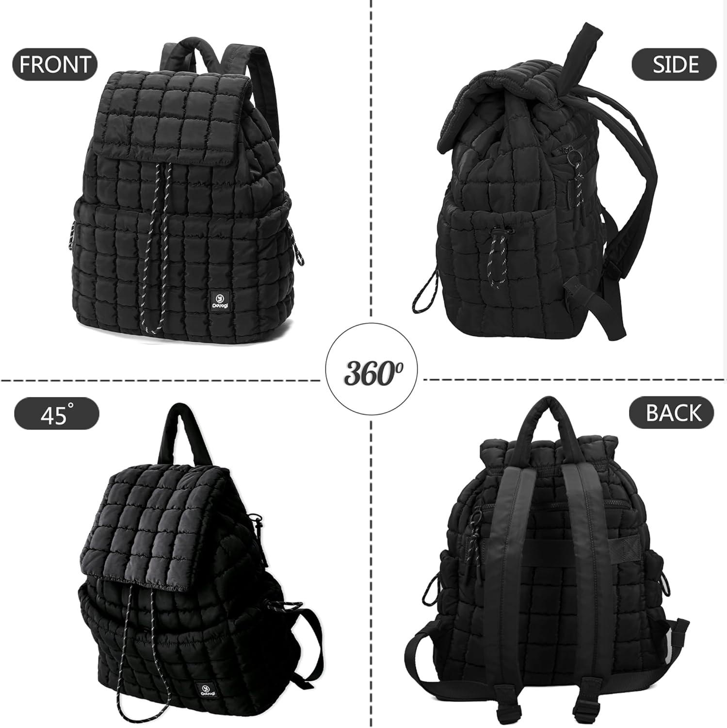 Quilted Backpack for Women, Lightweight Travel Gym Bag, Hiker Pack Drawstring Padding Backpacks, Puffer Travel Bag for Casual Daypack(Black) - Image 2