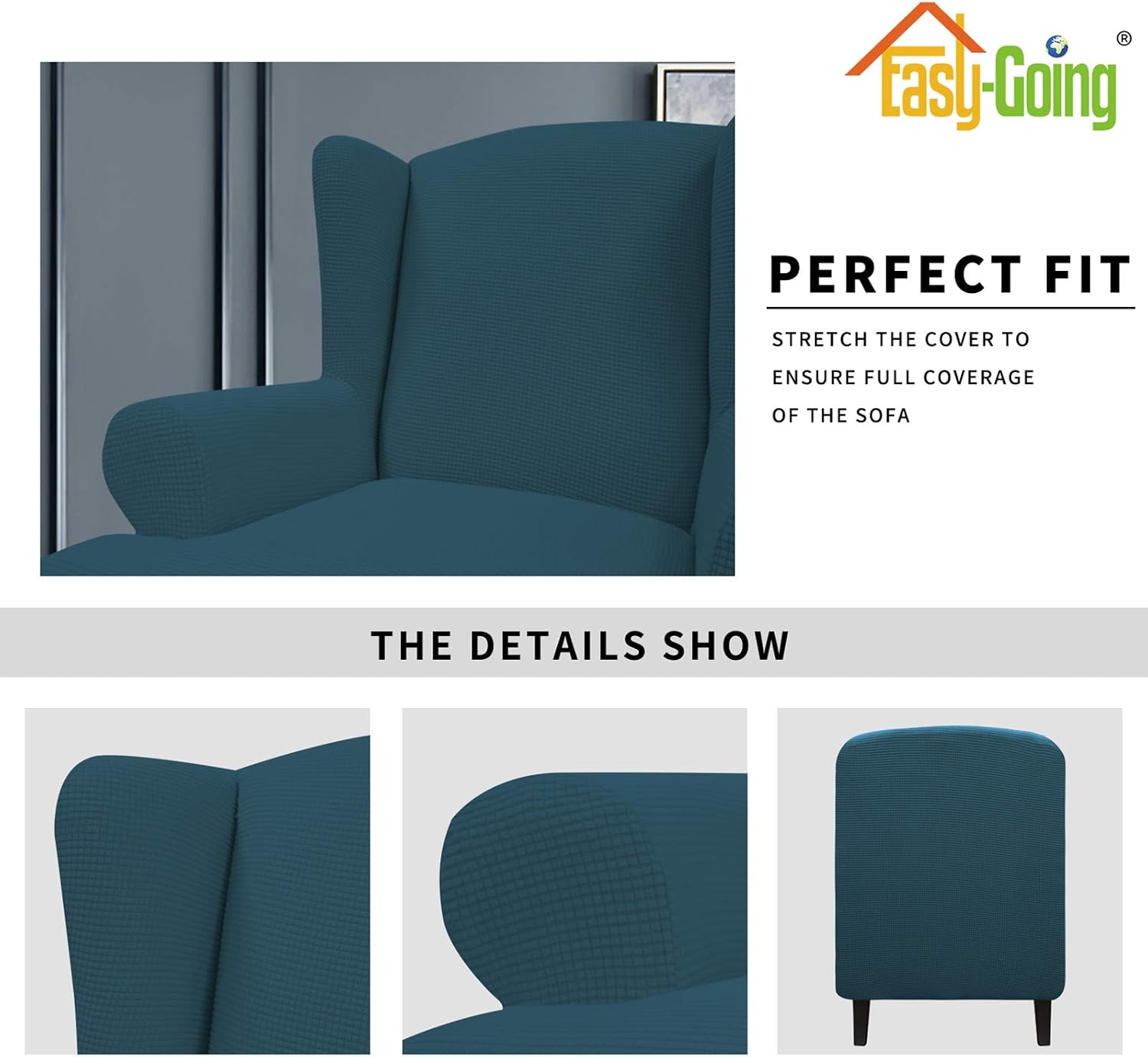 Easy-Going Stretch Wingback Chair Sofa Slipcover 1-Piece Sofa Cover Furniture Protector Couch Soft with Elastic Bottom, Spandex Jacquard Fabric Small Checks(Large,Deep Teal)