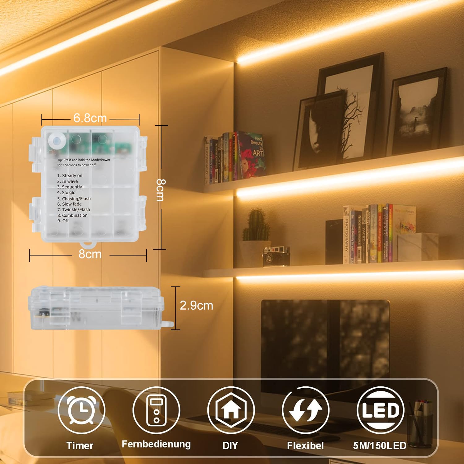 CCILAND Taśma LED 5M, 150 diod LED, taśma na baterie z 8 trybami, timerem, pilotem zdalnego sterowania, możliwość przyciemniania, taśma LED na baterie, samoprzylepna do kuchni, sypialni, dekoracja