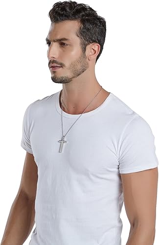 Miniatura 3 de Pendiente Reve con cruz en tono plateado de acero inoxidable simple para hombre y mujer con cadena de 20 a 24 pulgadas