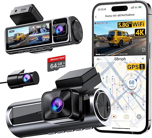 Nanoby 4K 3 Channel Dash Cam Front and Rear Inside, Built-in 5.8GHz WiFi GPS, 64GB Card Included, 4K+1080P+1080P Dash Camera for Cars, 3.18'' IPS Screen Dashcam with G-Sensor, 24H Parking Monitor