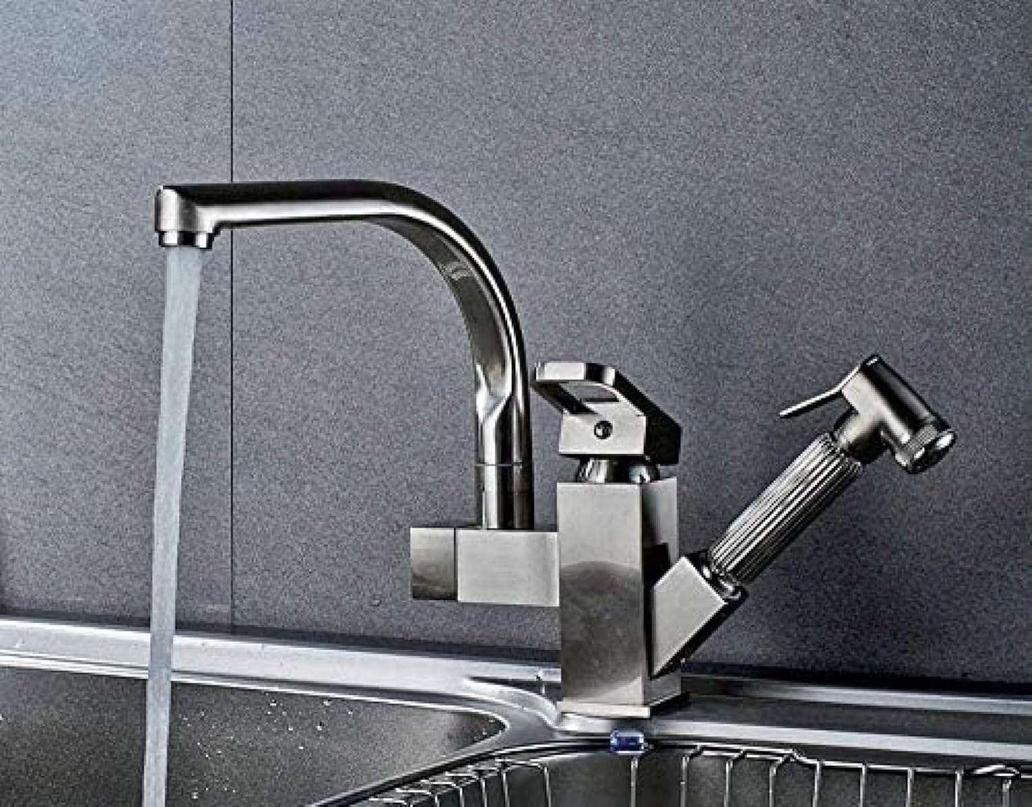 BHFPFZA Dual Spout Kitchen FaucetPull Out Sprayer Deck Mount Vessel Sink Mixer Tap Stylish & Functional Kitchen Sink Faucet for Enhanced Cooking Experience