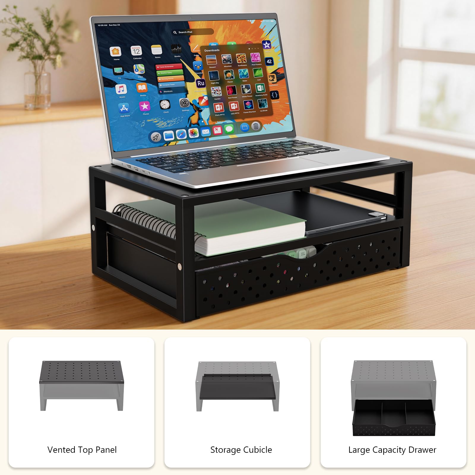 WALI Desk Organizer with Drawer，Computer Monitor Stand with Storage, Desk Organizers and Accessories for Computer, Printer, Laptop Riser for Home Office Supplies, (PTT005-B), 1 Pack, Black view 7