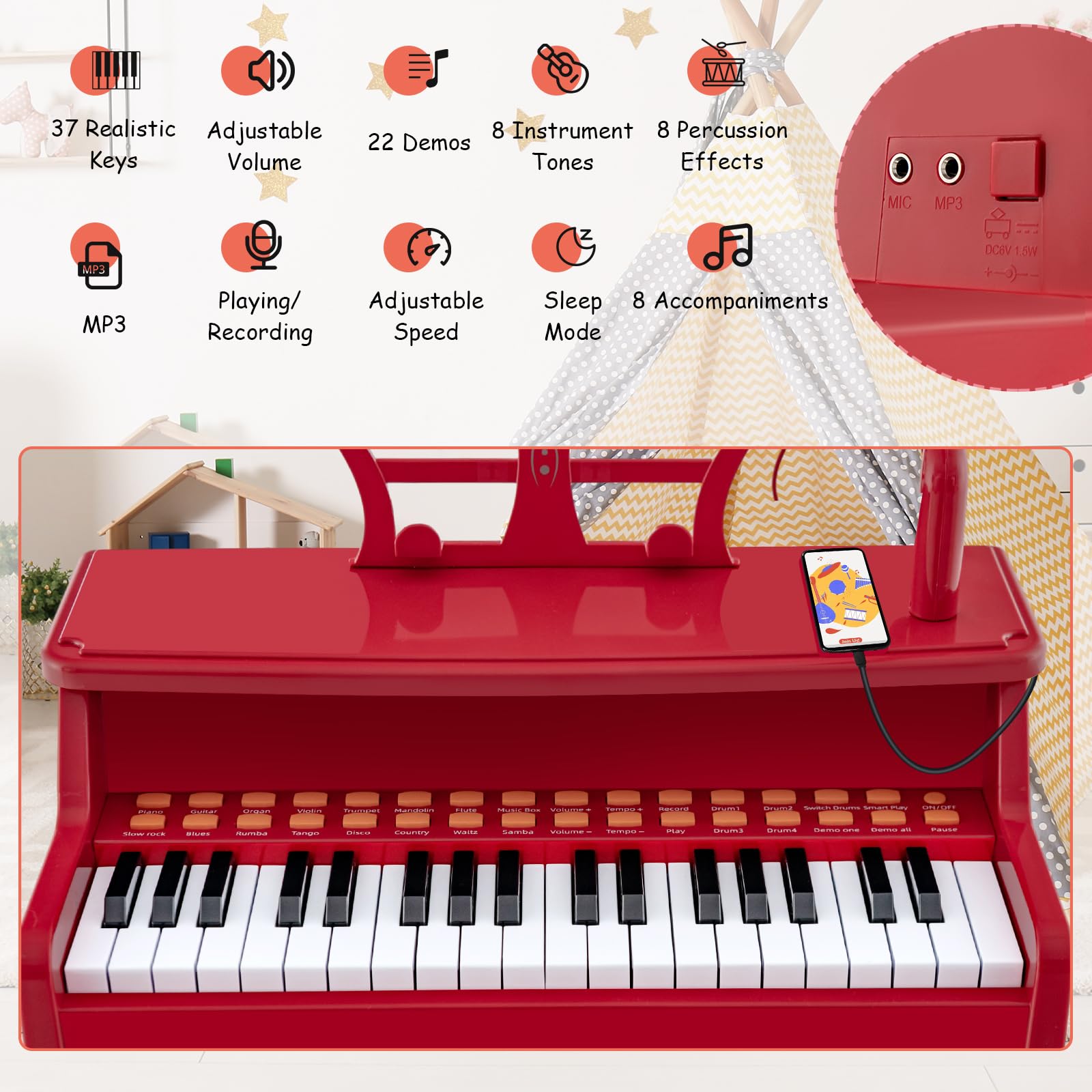 KOMFOTTEU Juego de Piano Infantil de 37 Teclas, Piano Electrónico con Atril Ajustable y Micrófono, Piano Teclado de Piano con Taburete, Teclado para Niños a Partir de 3 Años (Rojo)