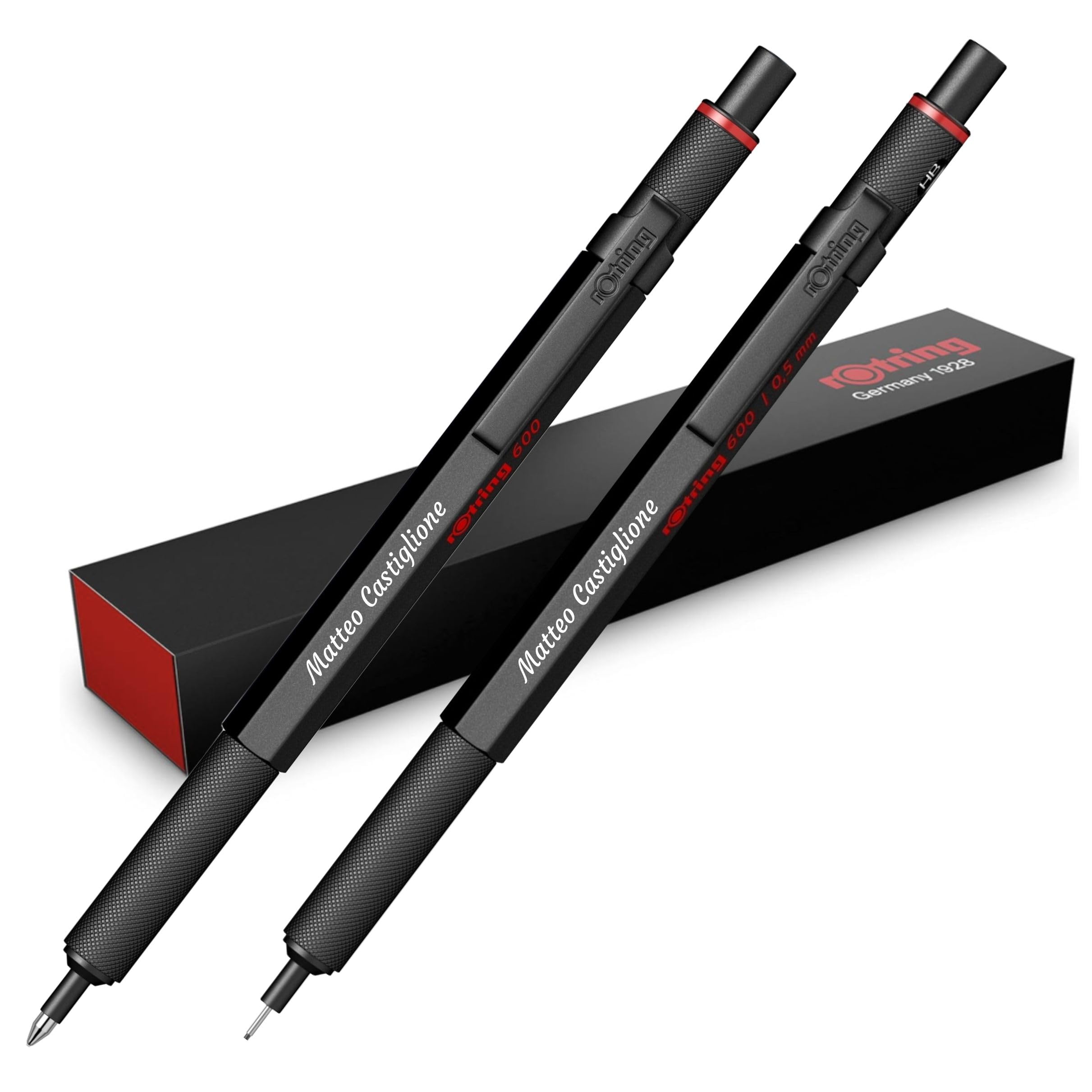 rOtring 600 Druckkugelschreiber & Druckbleistift Set mit Gravur – Premium Metall Schreibset, Personalisiert, Geschenk für Büro, Studium & Technik (Schwarz)