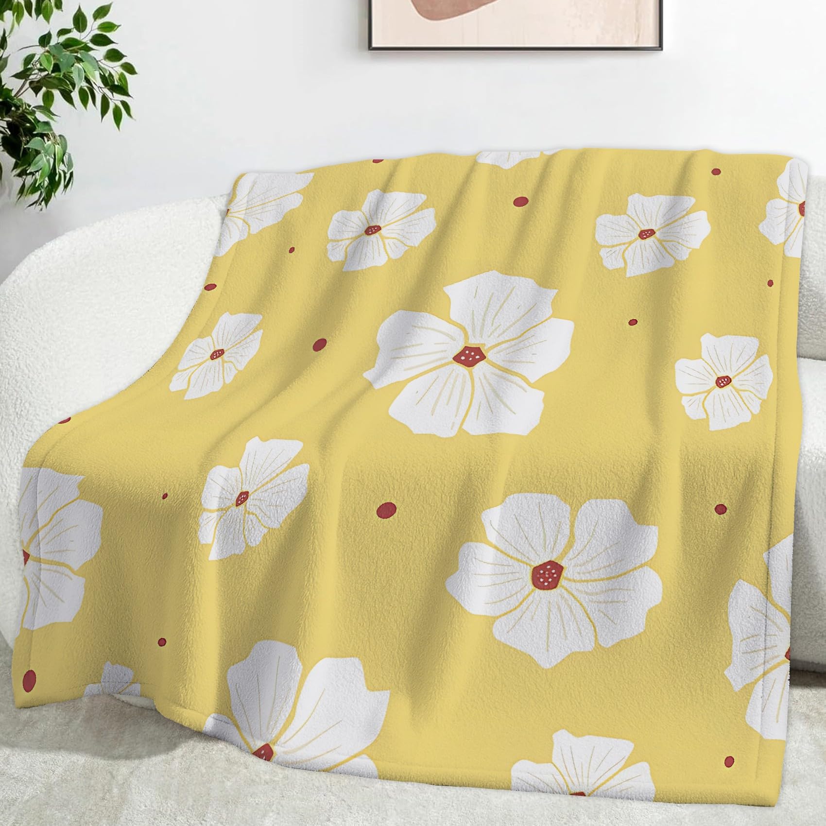 Couverture fleurs blanches anti-froid plaid polaire flanelle