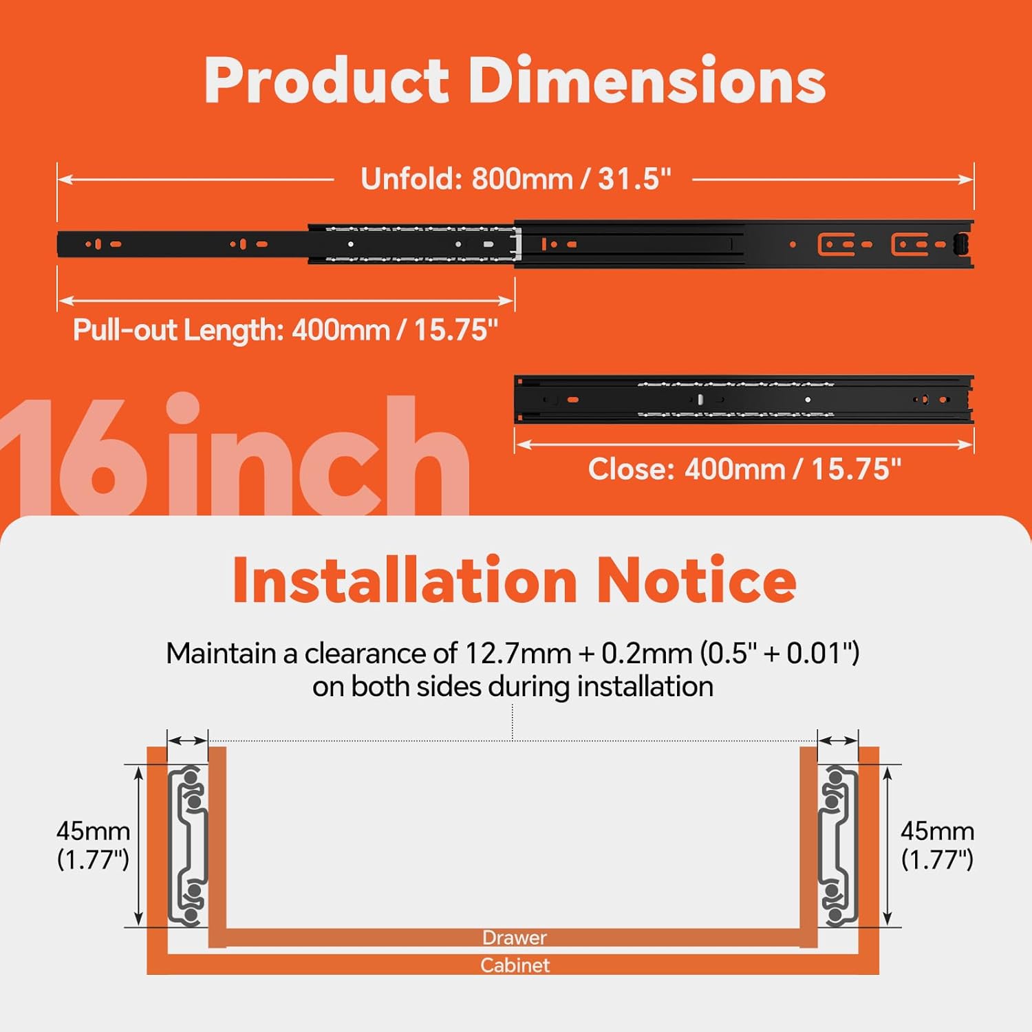 ToBeGreat 5 Pair Side Mount Drawer Slides 16 Inch 100 LB Load Capacity, Full Extension Ball Bearing Metal Replacement Rails Dresser Runners Cabinet Trash Can Slider Kitchen Glides (Black,406.4mm)