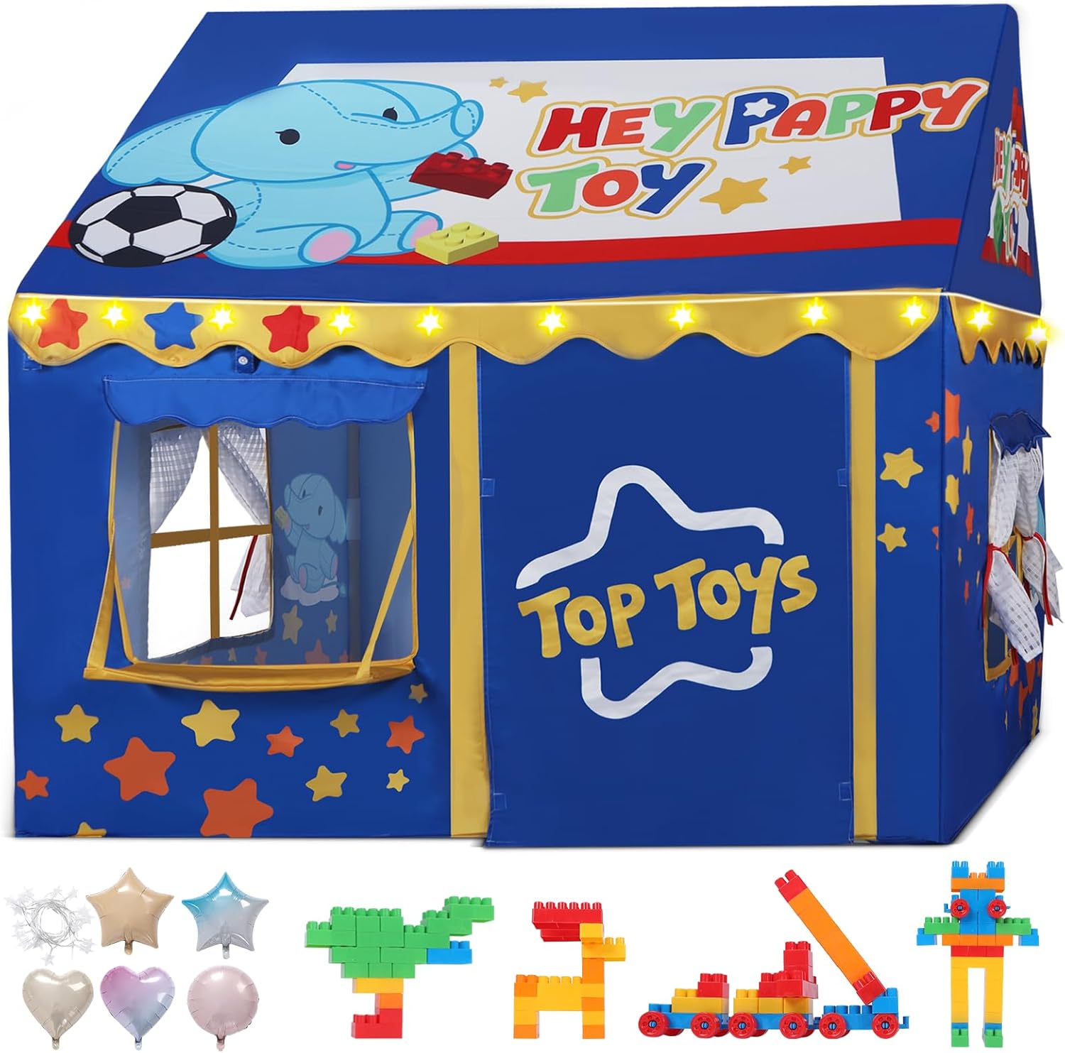 Kids Play Tent, Toddler Tent for Kid Indoor & Outdoor, 48.5"x39.4"x48.5" Playhouse Tents with Complete Toys Set, Kids Tent 3 Window, Lights and 5 Balloons Toy Set