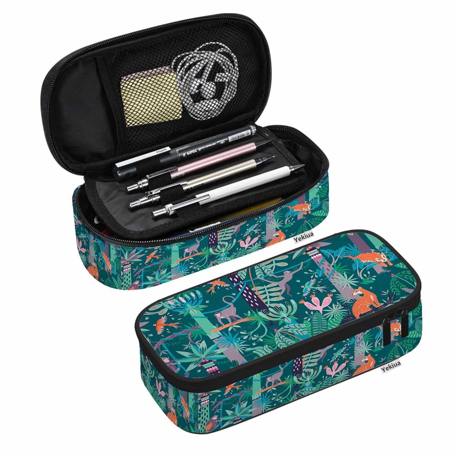 Yekiua Woods Animals Pencil Holder Jungle Trees Flowers Leaves Big Capacity Pencil Case Multi-Purpose Makeup Pouch For School Office College Adult Girl Boy Colorful