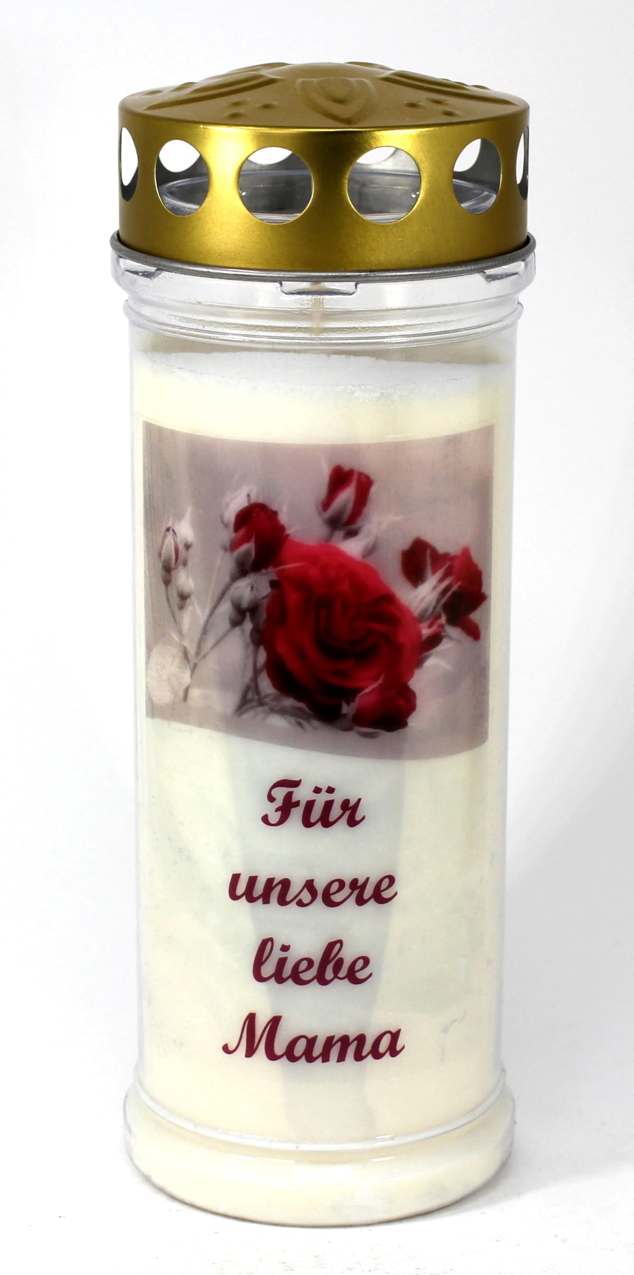 Grabkerze Mama, Motiv Rose, (21x7,5 cm) Grablicht mit 7 Tage Brenndauer (3814), Wetterfestes Trauerlicht mit Deckel, Hochwertige Trauerkerze, Edle Gedenkkerze aus Deutschland Beleuchtung