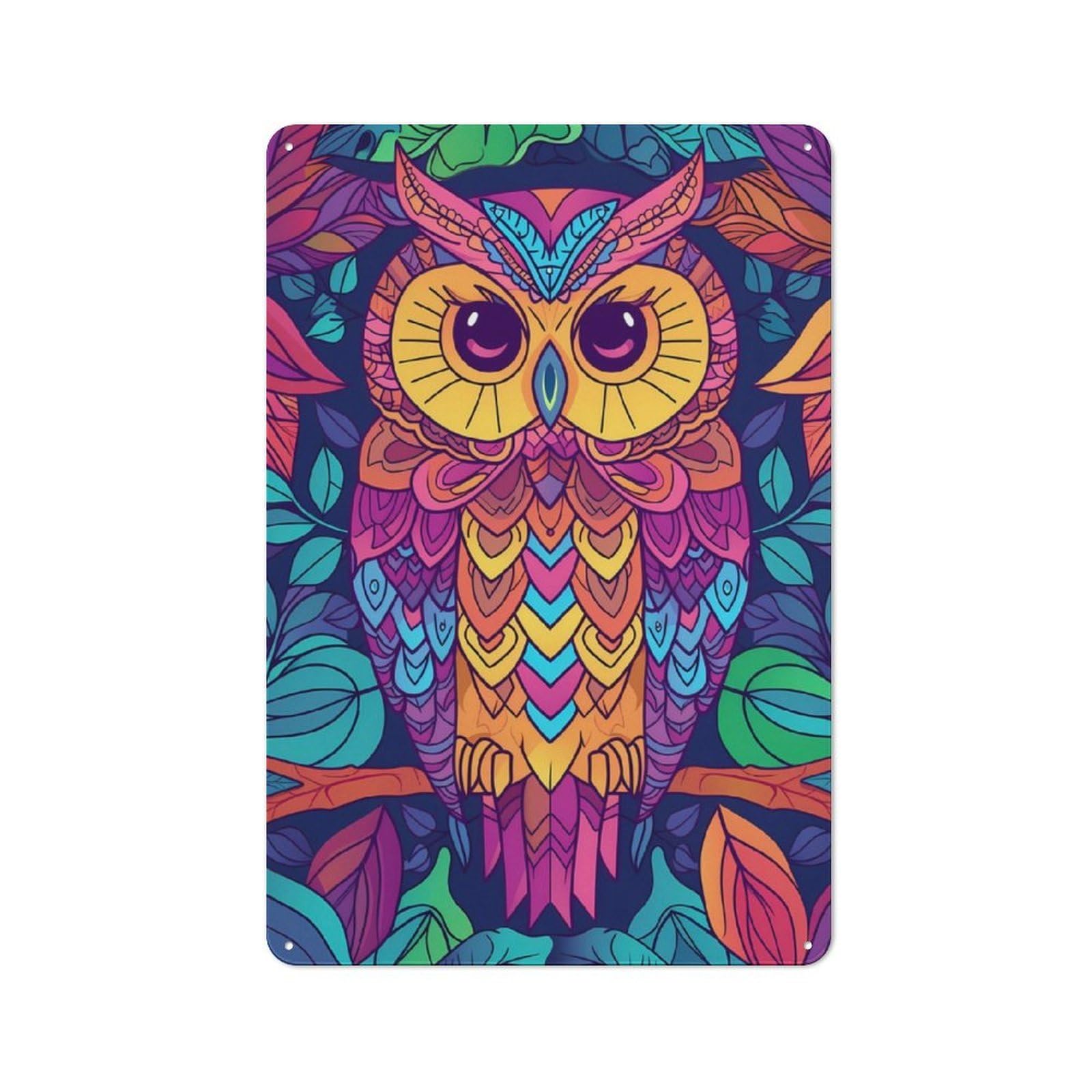 Junmoney Vibrant Abstract Owl Metal Wall Sign 30X20cm, Rustic Decor For Hallway Wall, For Metal Sign Collectors, For Garage And Workshop Walls