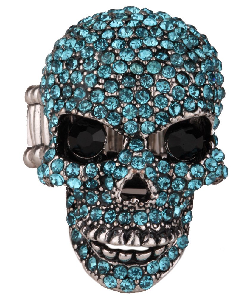 YACQWomen's Skull Stretch Rings Fit Finger Size 7 to 9 - Moving Jaw - Lead & Nickle Free - Paved Crystals - (1-1/2 x 1) Inch - Scarf Holders - Women Girls Biker Jewelry