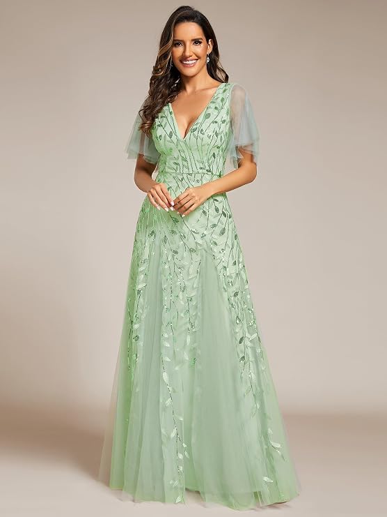 Ever-Pretty Women's Sequin Formal Dresses Evening Gown Sparkly V-Neck Short Sleeve Floor Length Mother of The Bride Dress 736