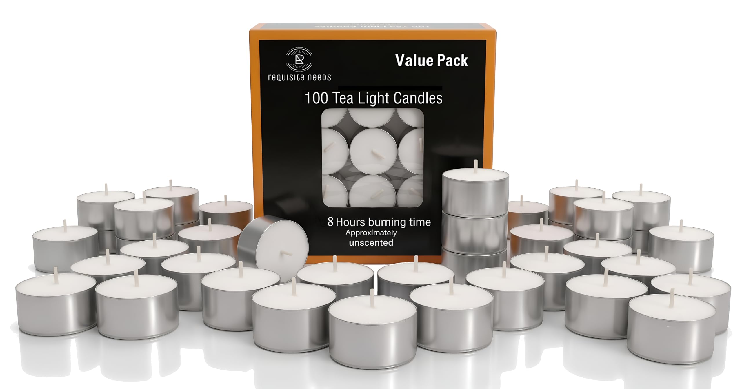 Requisite Needs 100 Tea Light Candles 8 Hour Burn Time White Unscented