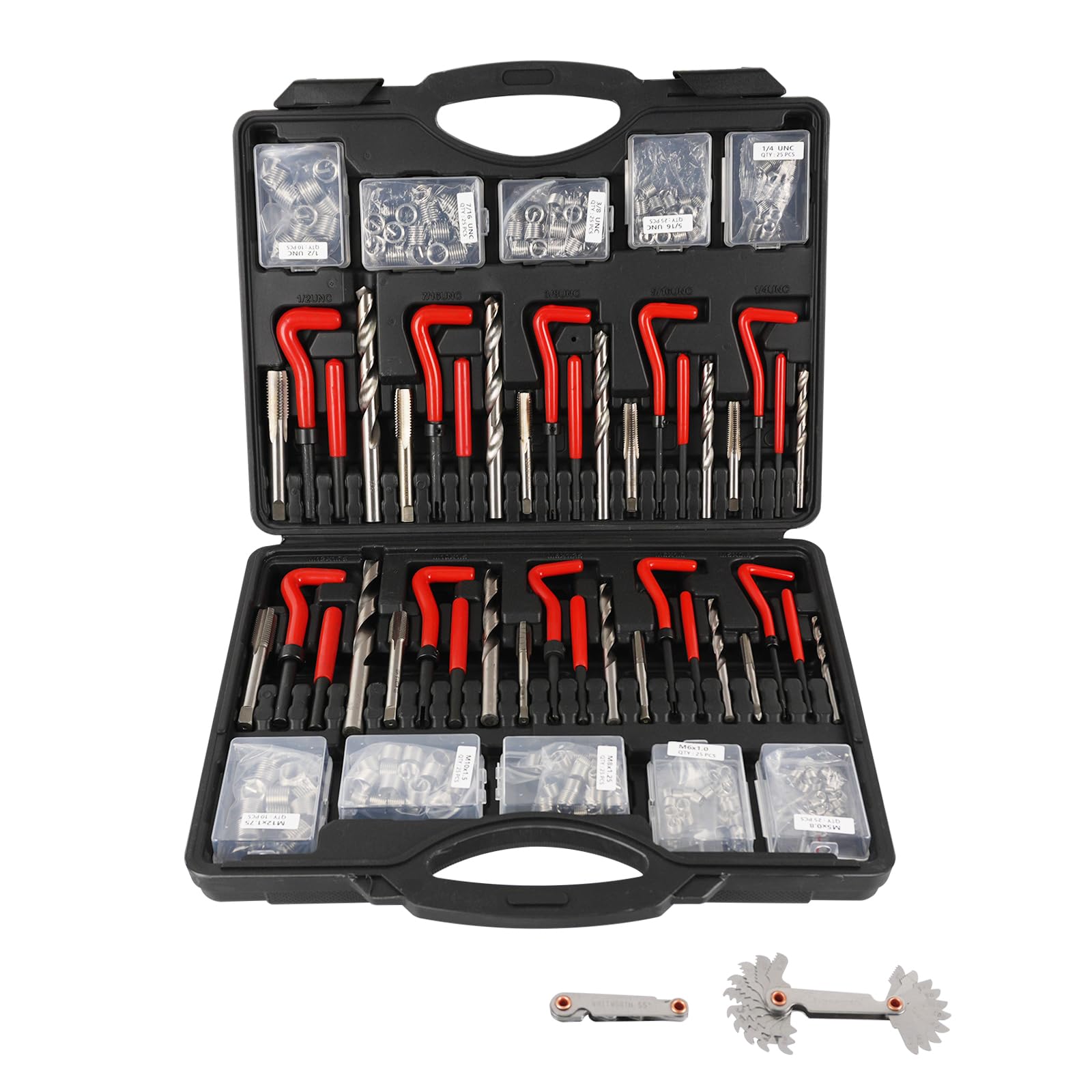 JMMRRR 263 PCS Thread Repair Kit HSS Drill Helicoil Kit, Rethreading Tool Kit, Rethreading Kit with Thread Gauge Metric and SAE1 /4" 5/16" 3/8" 7/16"