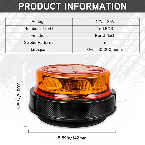 Miniatura 8 de Luces estroboscópicas de luz LED amarilla para camiones de 12 V 24 V, luz de baliza naranja, faro giratorio con 6 modos para coche, camión, UTV,
