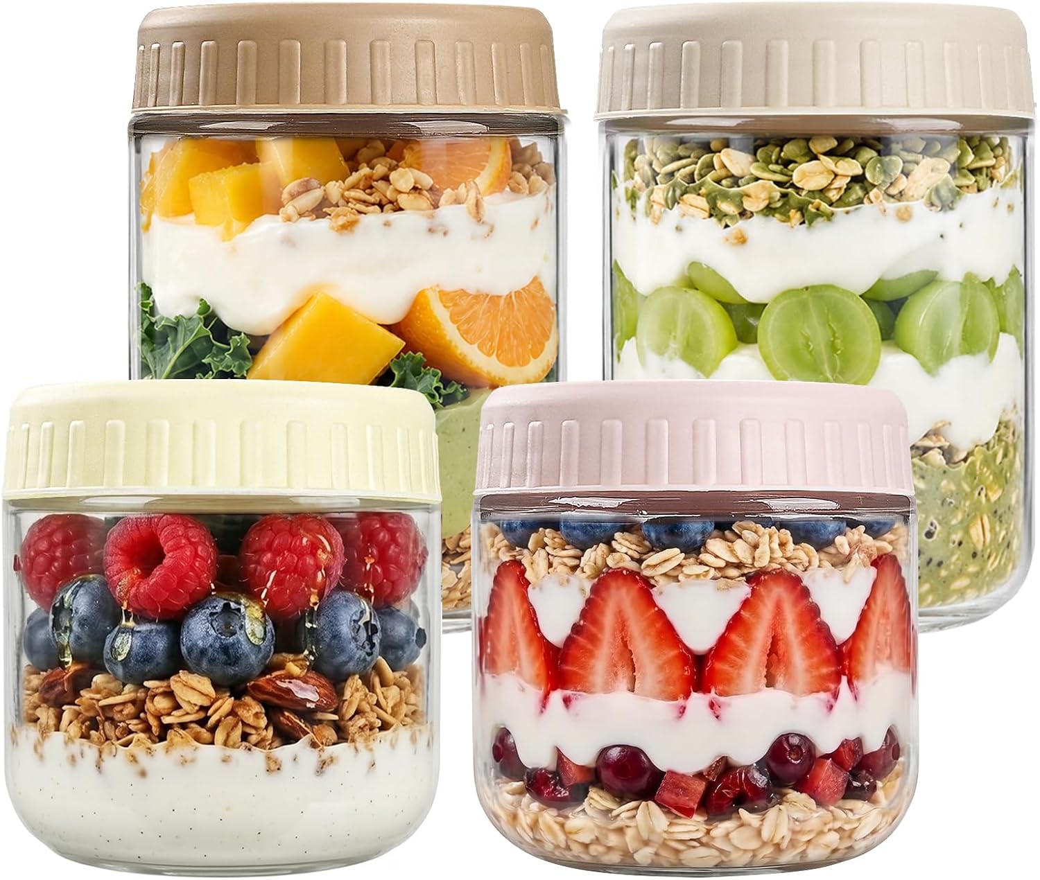 SHOWIN Overnight Oats Containers with Lids, Glass Jars with Lids 4 pcs, Wide Mouth Mason jars for Salad, Yogurt, Snacks, Meal Prep