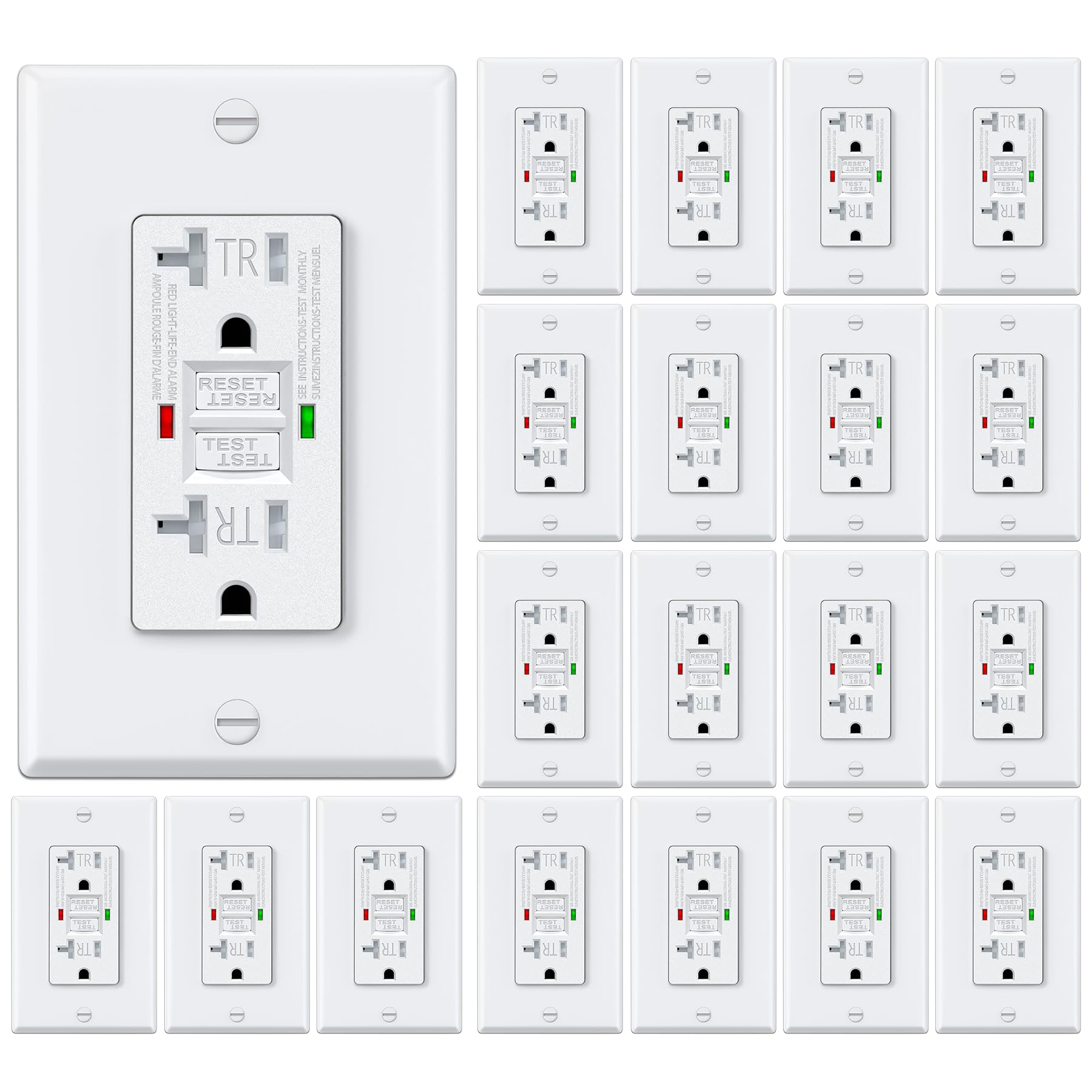 ELECTECK 20 Pack GFCI Outlets 20 Amp, Tamper Resistant (TR), Self-Test GFI Receptacles with LED Indicator, Ground Fault Circuit Interrupter, Decor Wallplate Included, UL Listed, White