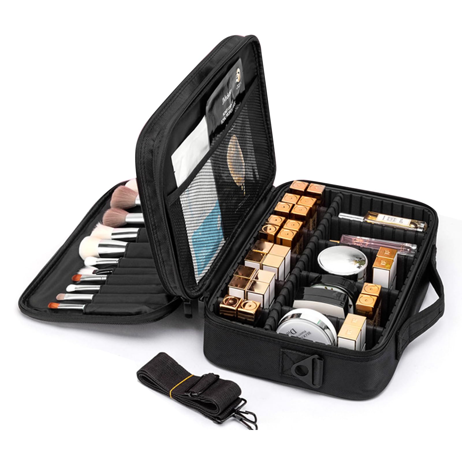 Bolsa de Neceser Maquillaje Profesional Grande, Tela Oxford Organizador de Maquillaje, Mujer Maletin Maquillaje de Viaje con Gran Capacidad y Diseño Divisible, con Bandolera y 2 Capas, Negro
