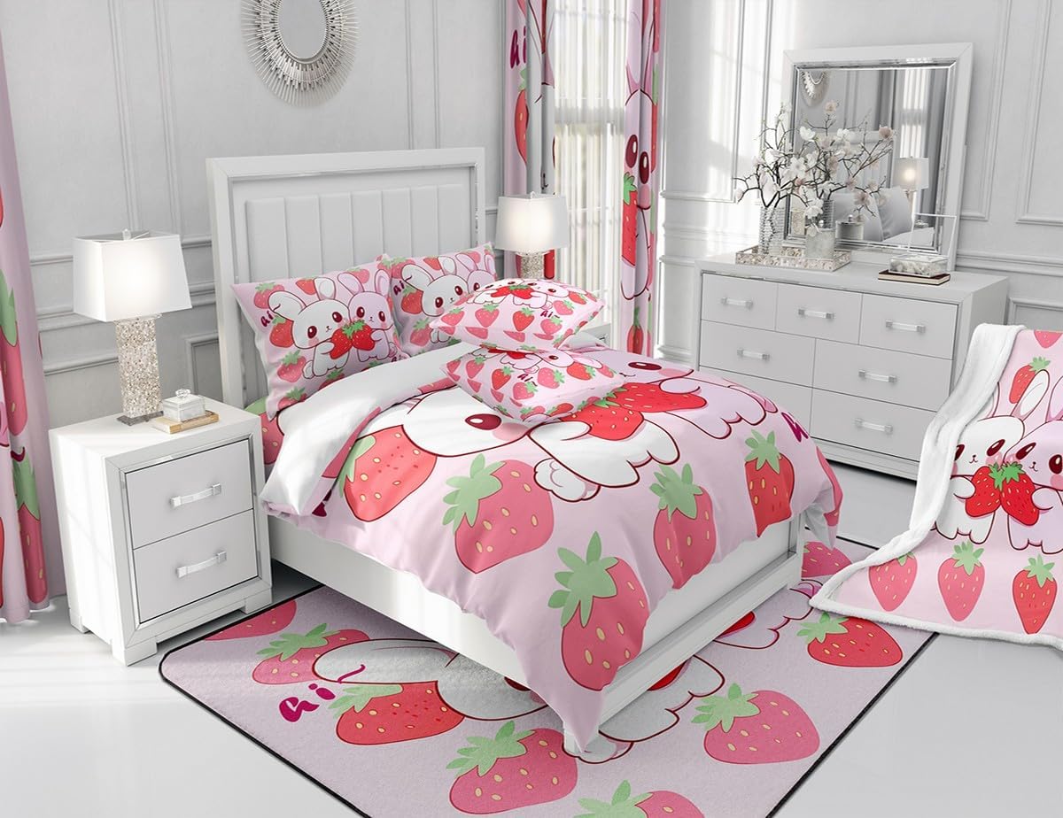 Feelyou Toddler Rabbit Living Room Rugs Area Rug 5x7 Cartoon for Kids Boys Girls Decor Cute Animal Decorative Carpet Strawberry Indoor Floor Mat Bedroom Farmhouse Accent Rug