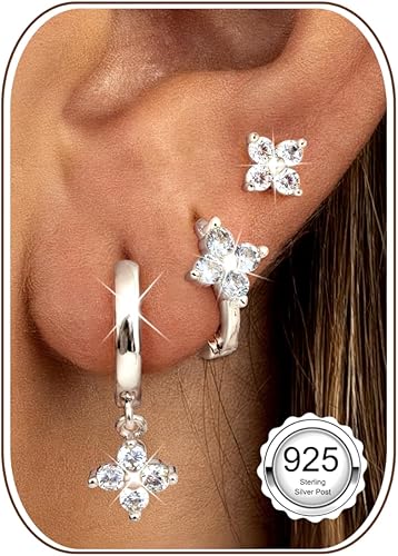 LOLIAS 3 Pares Pendientes Mujer Plata de Ley 925 Chapada en Oro Dorados de 14K P
